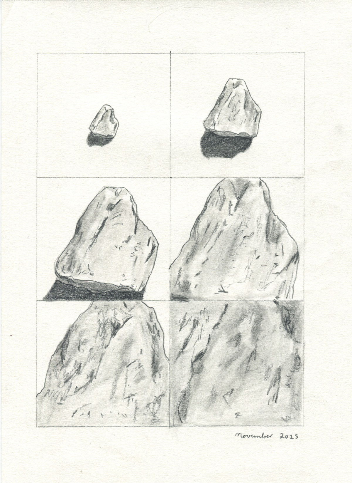 Annäherung an einen Stein, 2025, Bleistift auf Papier, ca. 21 x 30 cm.