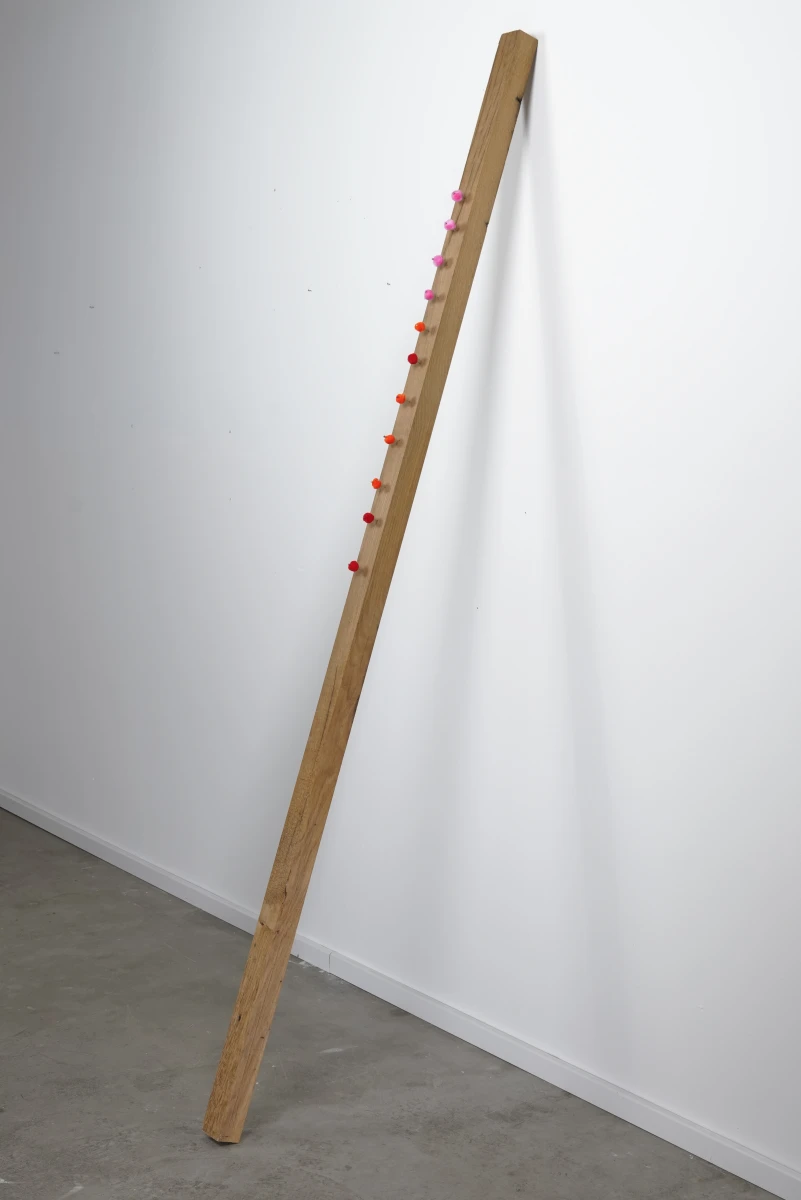 Ohne Titel (2018), Holz, Stecknadeln, Plüschkügeln (H: 223 cm)