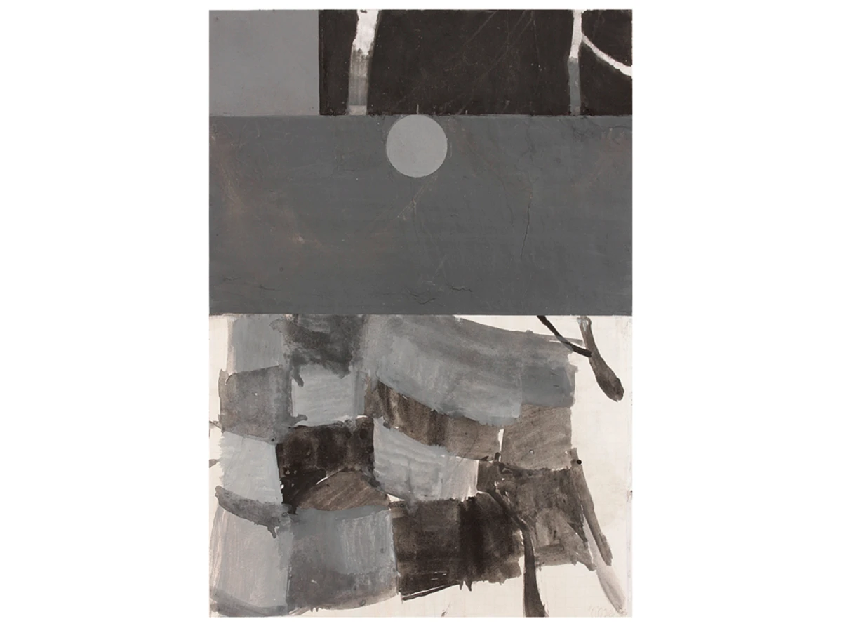 o.T., 2018, Gouache, Tusche, Bleistift und Klebeetikette auf Papier, 29,7 x 21,0 cm